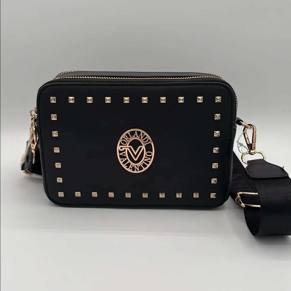 Valentino Orlandi Black Crossbody Bag with Gold Studs